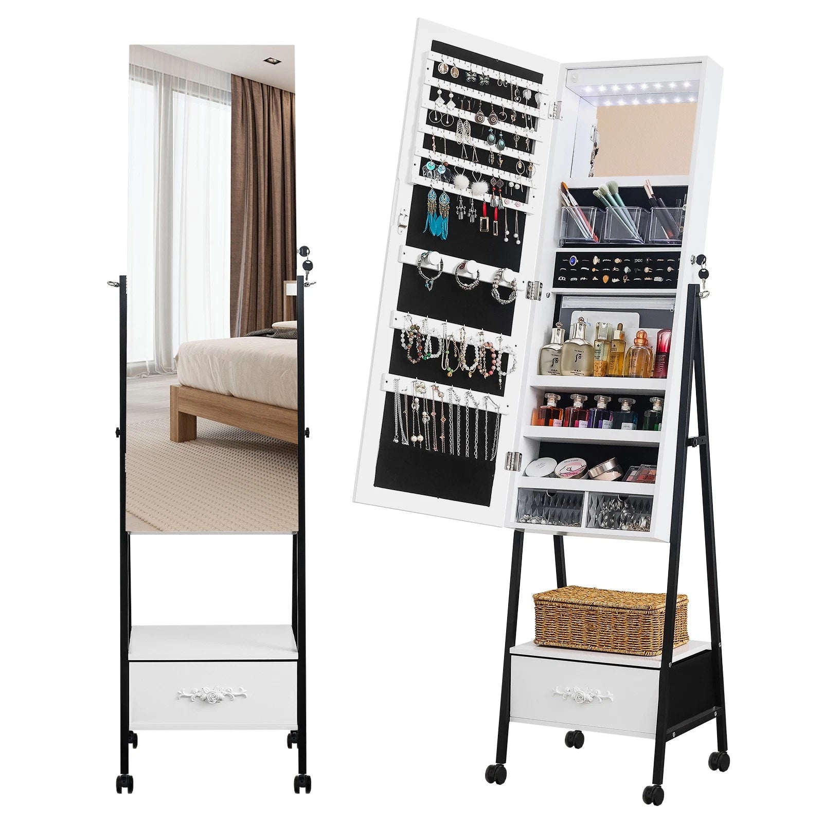 Full Mirror Jewelry Cabinet Freestanding Lockable Jewelry Armoire w/Drawer,White | eBay